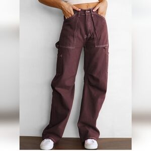 Dokotoo 6 pocket high waisted cargo wide leg, burgundy, size 4.